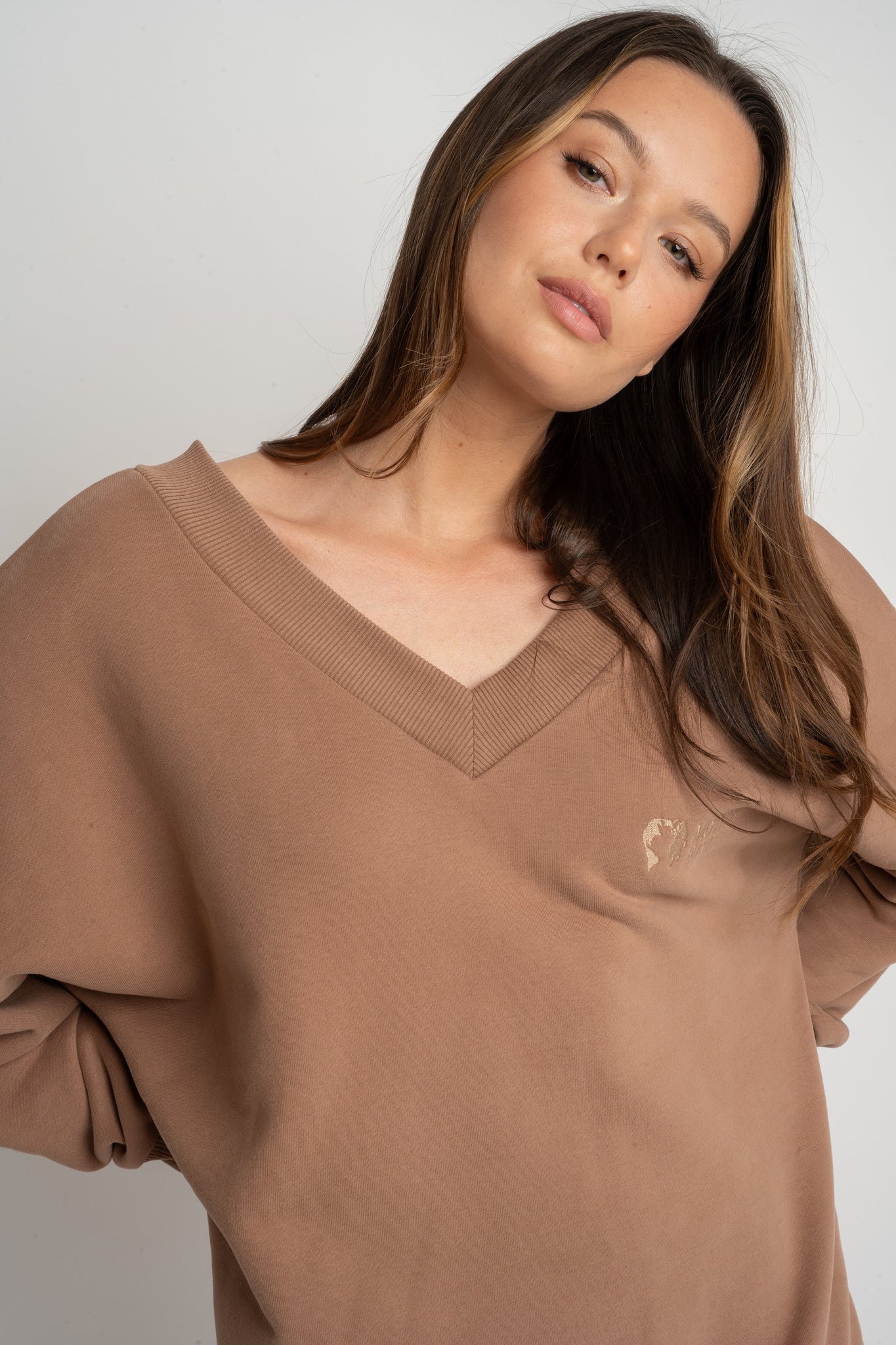 BROWN OVERSIZED V-NECK SWEATSHIRT – BISCOE