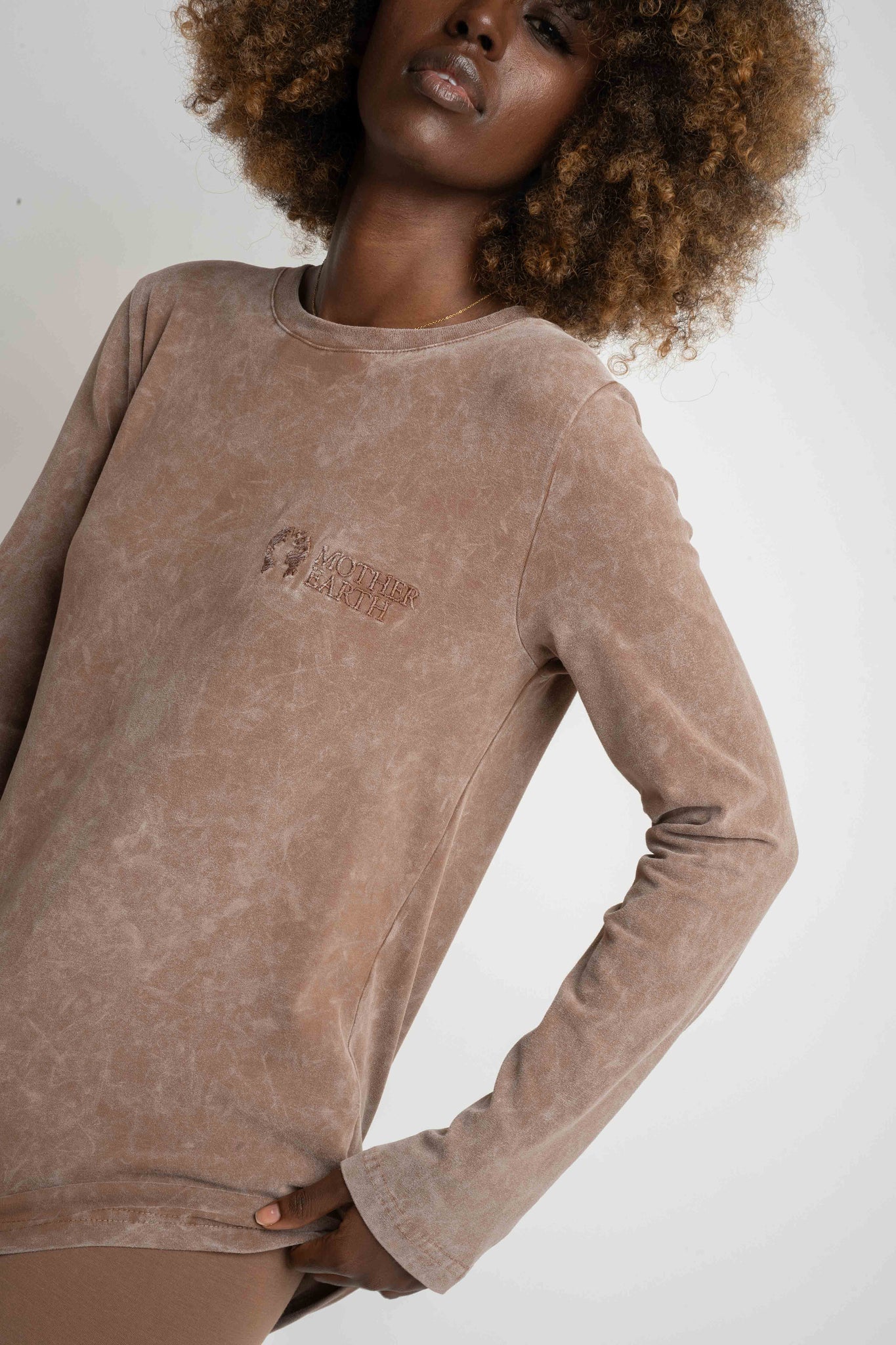 LONG SLEEVE WASHED EFFECT TOP BROWN - POLIKSENA